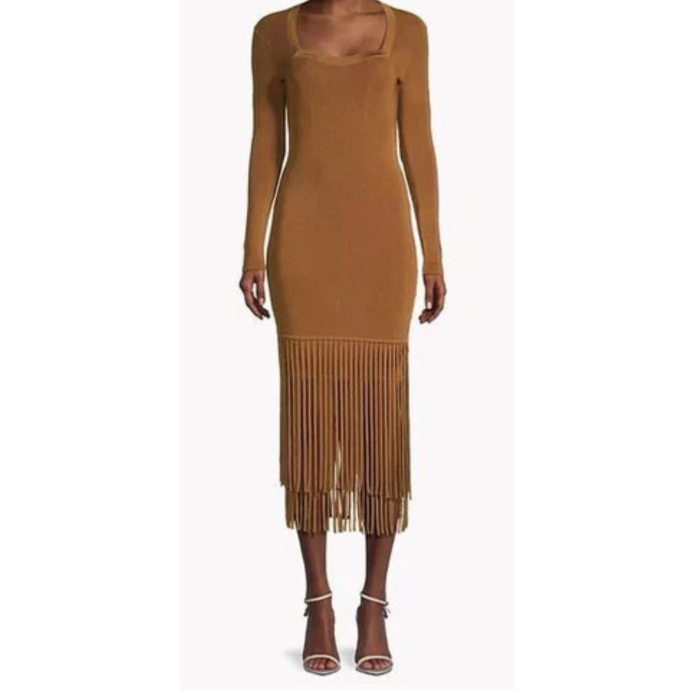 Toccin Mila Fringe Long Sleeve Midi Dress Size XS Bronze Knit Anthropologie NWT - Picture 2 of 12